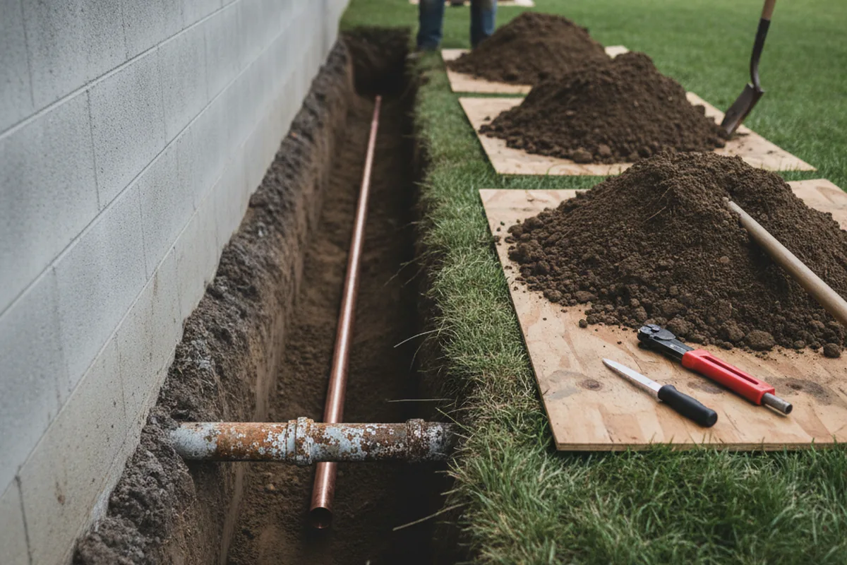 Excavated water line trench during Sewer Line Repair in National City